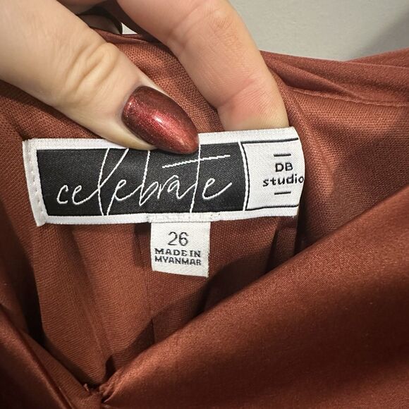 Plus Size 26 Rust Satin Wrap Maxi Dress Flutter Sleeve Slit Formal Evening Gown - Picture 5 of 10